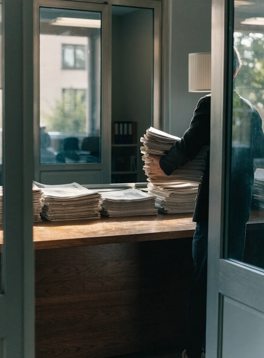 Empfangsbereich des Verlags mit Zeitungsstapel und Person am Tresen