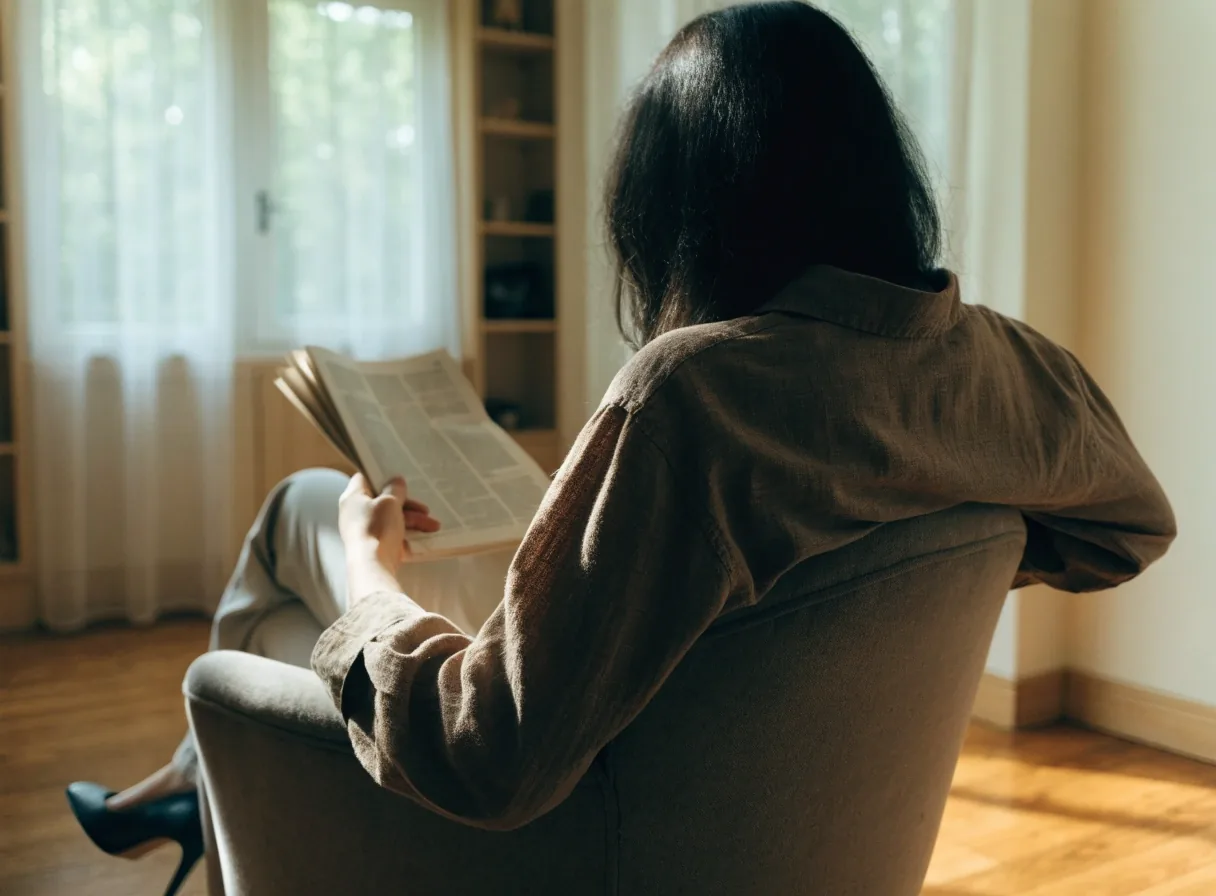 Lesezimmer mit Klubessel, aufgeschlagener Zeitung und Kaffeetasse im Nachmittagslicht