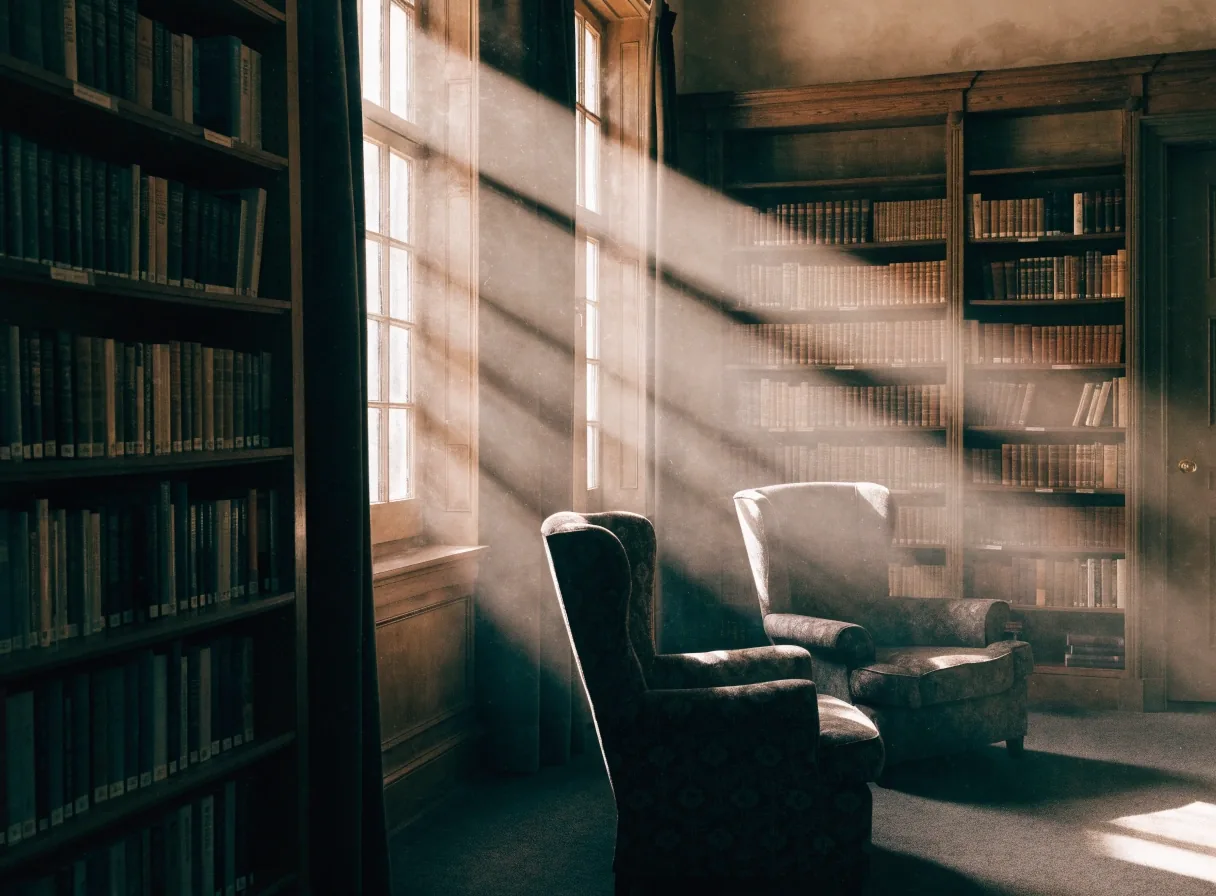 Ruhige Verlagsbibliothek mit leeren Lesesesseln im Nachmittagslicht