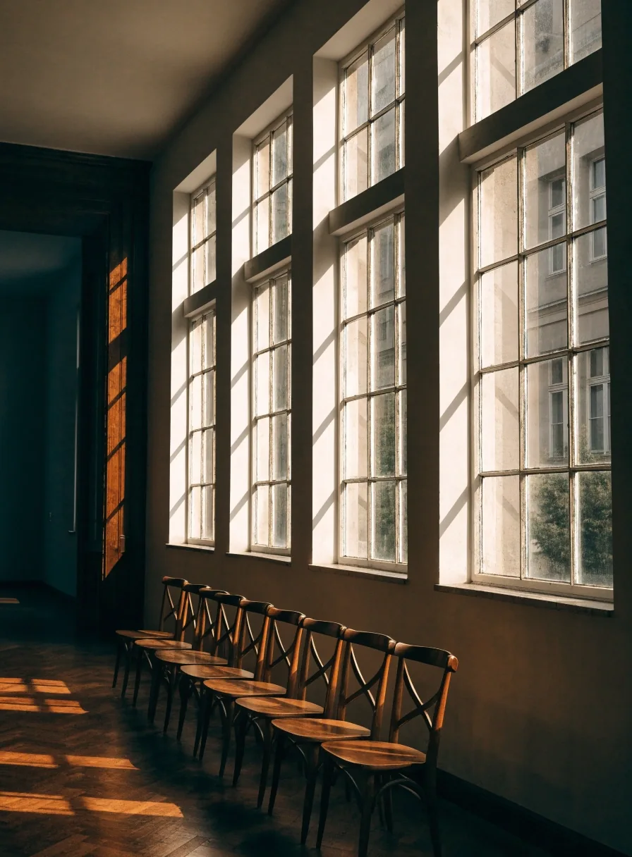Leeres Foyer eines Berliner Hauses am späten Nachmittag mit warmem Licht auf einem leeren Parkett