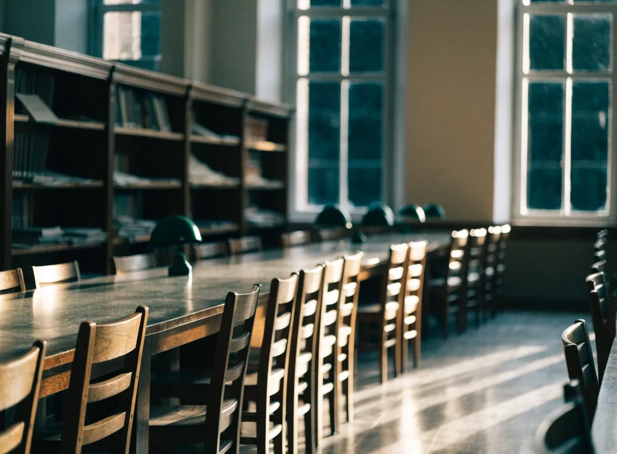 Lesesaal einer Universitätsbibliothek am Nachmittag mit leeren Holztischen und warmem Licht