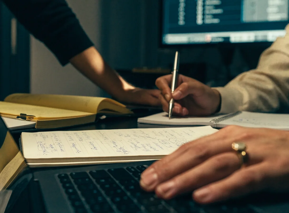 Schreibtisch eines Wirtschaftsrecherche-Teams mit Notizbuch und Kaffeetassen im Nachmittagslicht