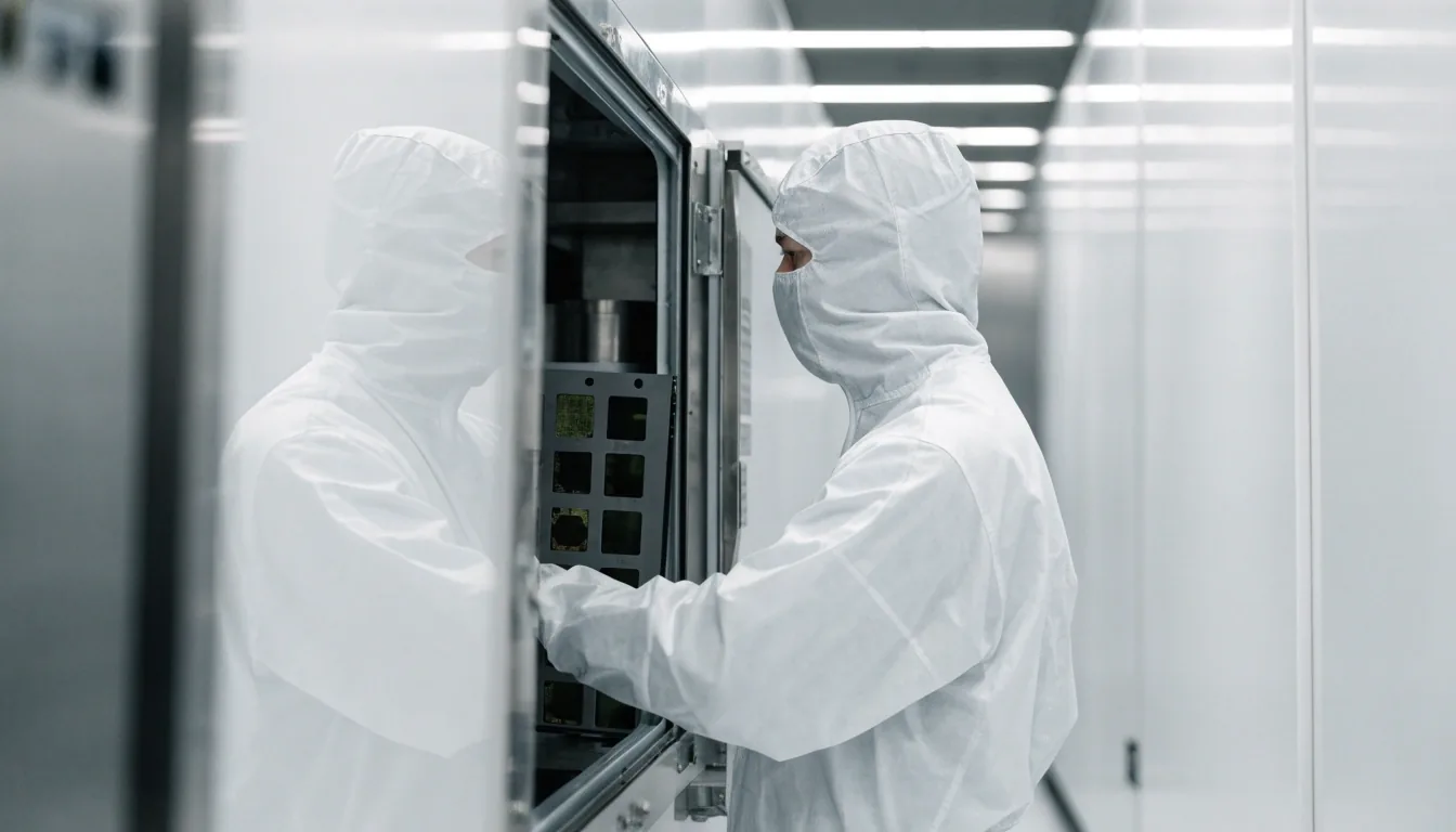 Arbeitskraft im Reinraum hantiert mit einem Wafer-Träger an einer geöffneten Maschine