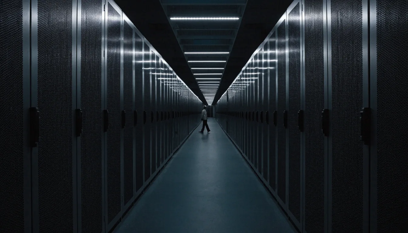 Techniker geht durch den Serverraum eines Forschungsrechenzentrums